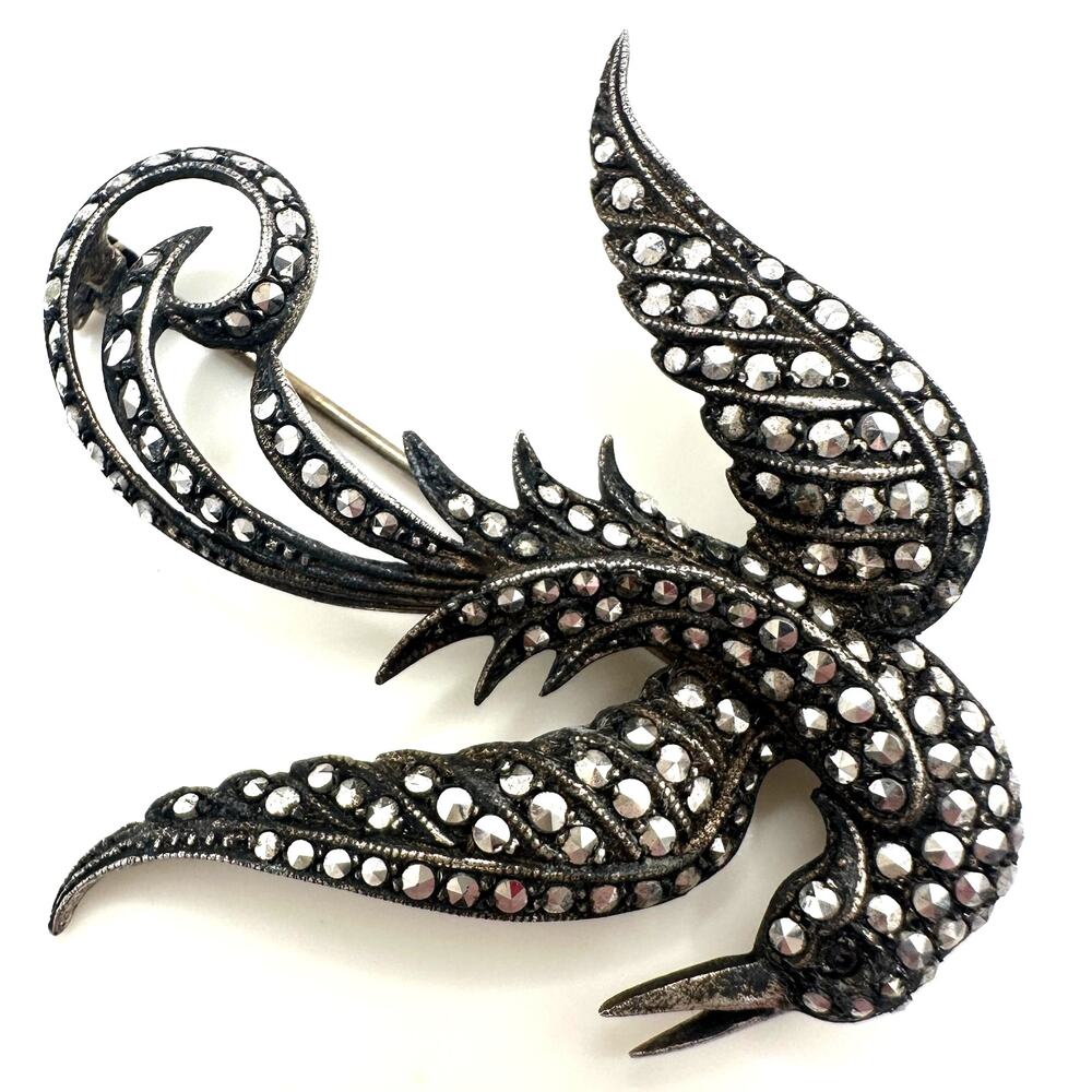Vintage 925 sterling silver genuine marcasite bird figural pin brooch 12.77g